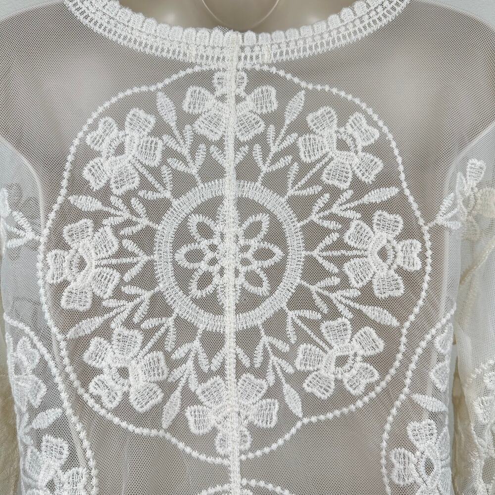 Embroidered Sheer Mesh Lace Open Cardigan Floral Cream M Cottagecore Festival - Picture 9 of 10